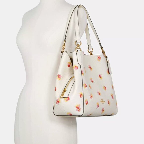 Coach‎ Hallie Shoulder Bag Pop Floral Print White Flowers Gold Pebble Leather - Picture 1 of 12